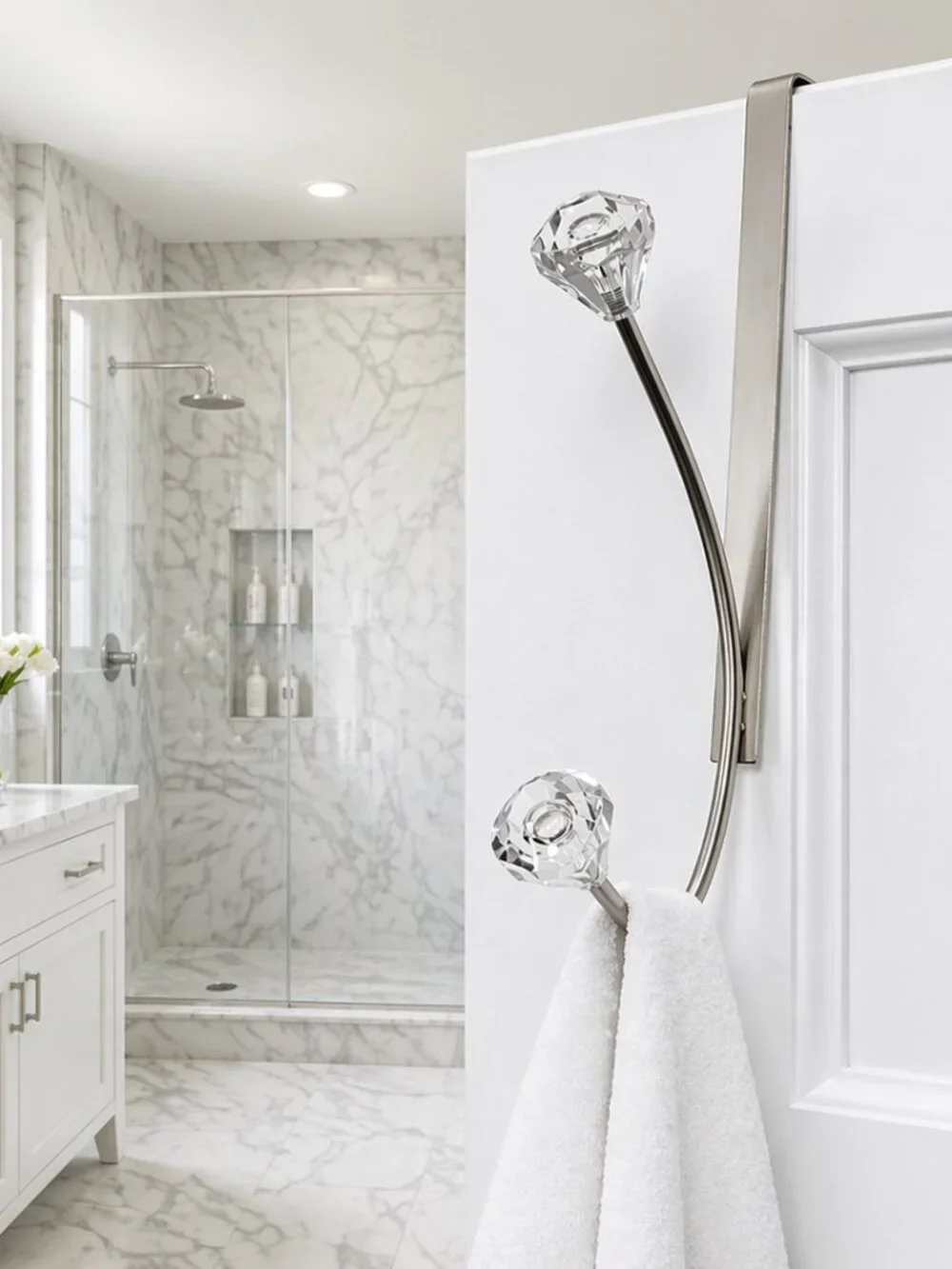 Croydex Chrome Over Door Hook Rack Crystal Knobs No Drill Bathroom Organizer 💎